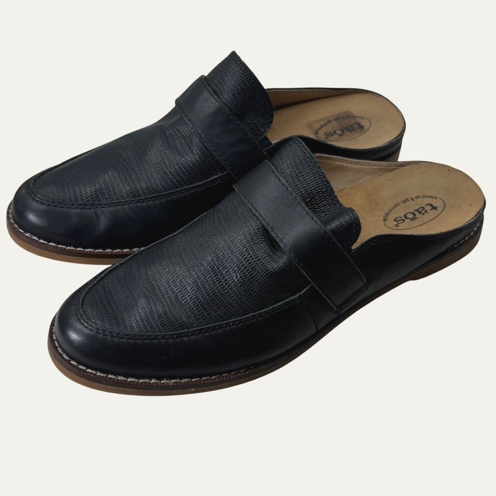 Taos Royal Mules Women 9.5 Black Leather Reptile Embossed Slip On Loafer Shoes